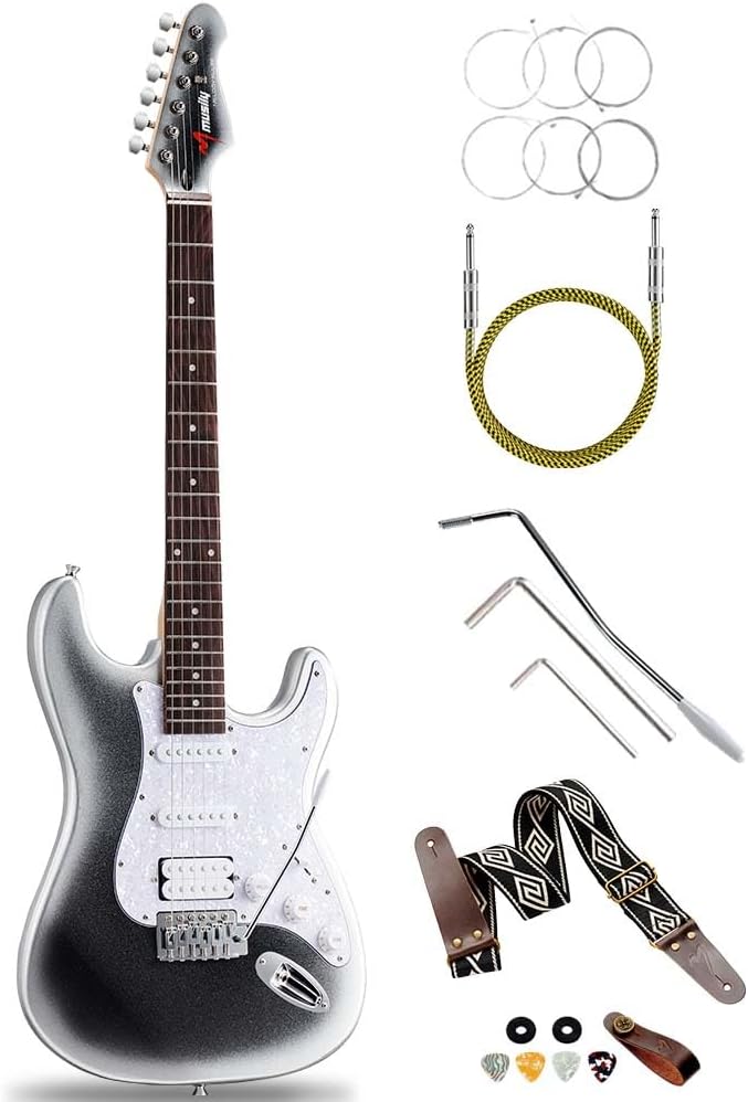 39in Electric Guitar Kit, Full Size Beginner Electric Guitar Starter Kit, Solid Body HSS Pickup with Guitar Strap, Cable, Picks, Strings (MetalBlackBurst)