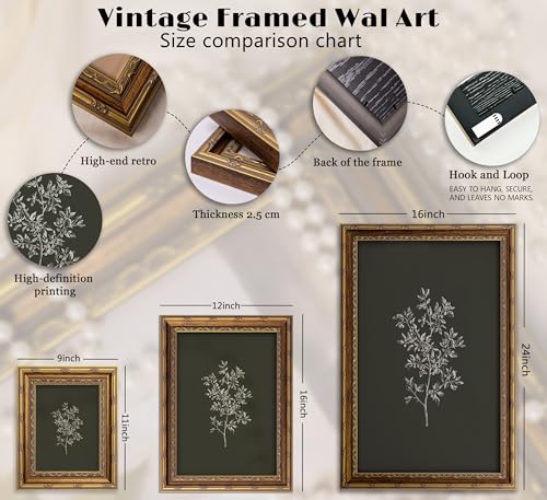 Vintage Gold Framed Green Botanical Wall Art Rustic Botanical Canvas Wall Decor Retro Minimalism Botanical Picture Painting Green Plants Illustration Print Artwrok for Living Room Bedroom Home Decor by Livsoham - Used condition - Image 4