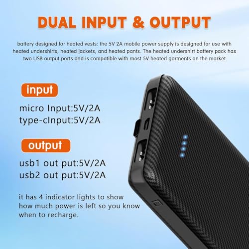 Portable 10000mAh Heated Vest Battery Pack with Dual USB Ports for Heating Clothes