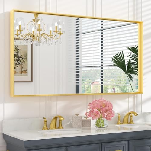 Image of Keonjinn 55x30 Inch Gold Bathroom Mirror for Over Sink, HD Tempered Glass