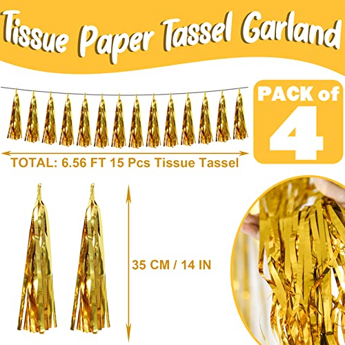 Image of 4P Gold Foil Fringe Metallic Tassel Streamers Banner Tassel Garland for Parade Floats, Bachelorette, Wedding, Birthday, Halloween, Christmas, Bridal /Baby Shower Party Decorations