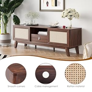 Rattan tv stand for tvs up to 70 wood tv stand mid century modern tv stand tv media console with drawer and 2 cabinets boho entertainment center for living room  urban country home decor