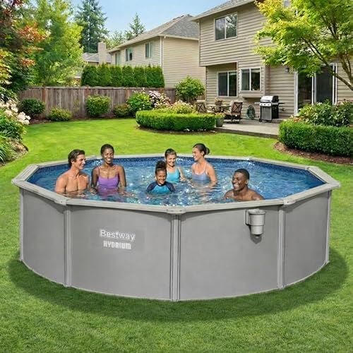 Image of Bestway Hydrium 15' x 48 inch Above Ground Pool, Round Steel Side Wall Frame Outdoor Swimming Pool Set with Sand Filter Pump, Ladder & Accessories