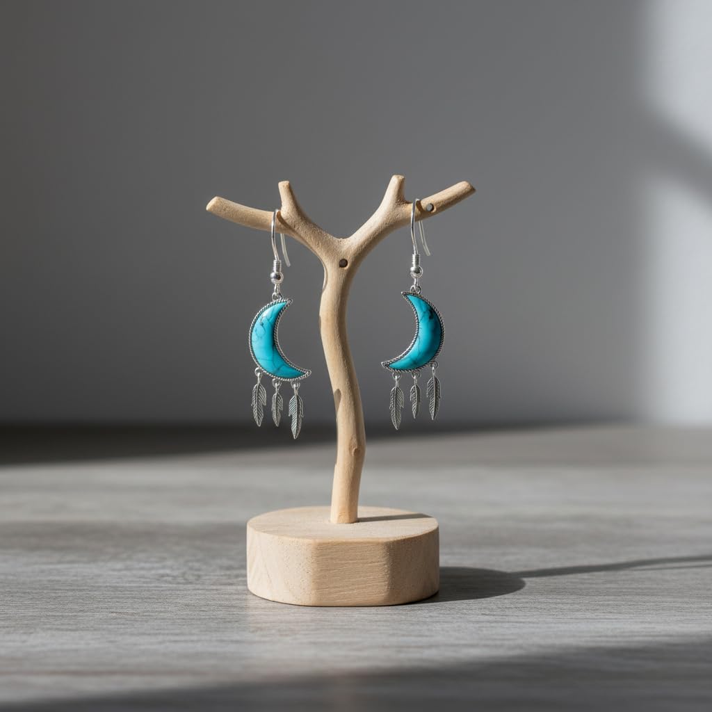 POPLYKE Orecchini pendenti a forma di luna turchese in argento Sterling da donna, con luna e piuma, regalo