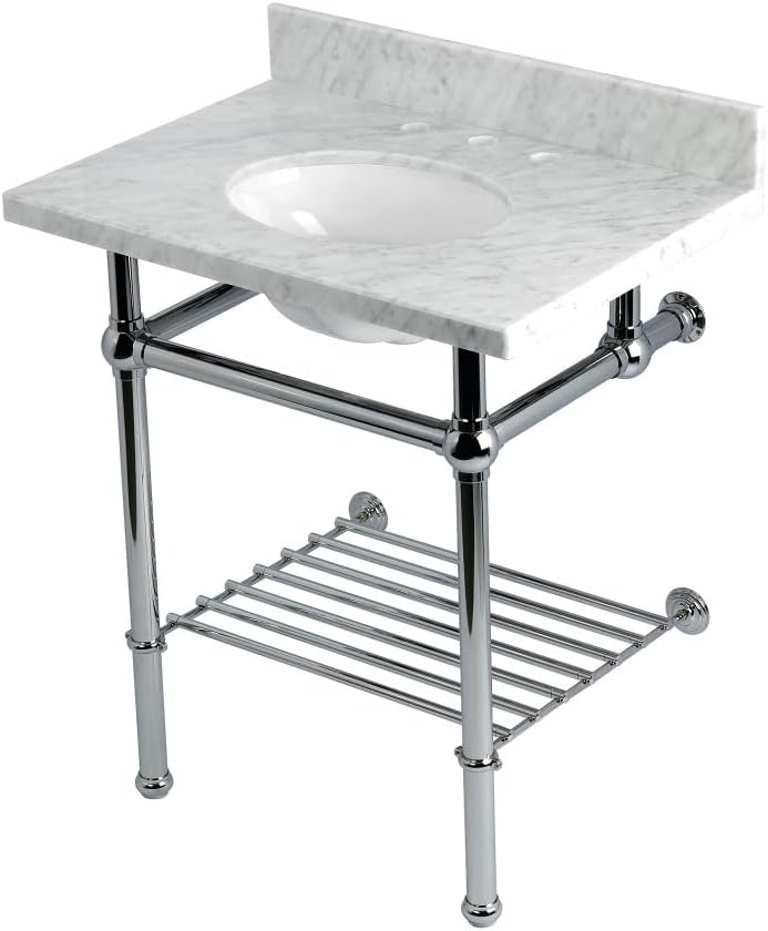 Kingston Brass KVPB30MBB7 Templeton 30" Console Sink with Brass Legs (8-Inch, 3 Hole), Carrara Marble/Brushed Brass