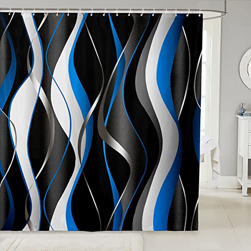 Loussiesd Blue Black Shower Curtain Geometric Spiral Pattern Fabric Shower Curtains for Kids Boys Girls Modern Abstract Bathroom Waterproof Accessories with 12 Hooks Grey White Curtains,72x78 Inch