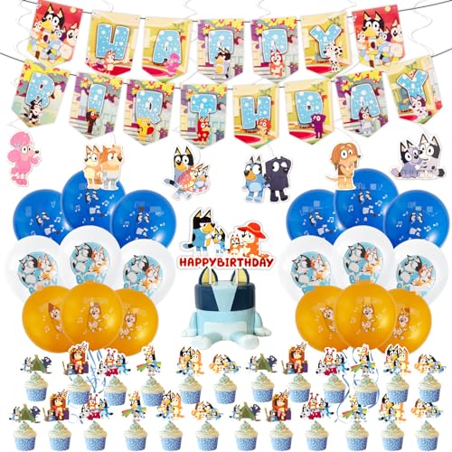 50 Piezas Blue Cumpleaños Decoraciones para Fiesta-18 globos, 25 Adornos para Tartas, Bing Juego Completo de Suministros, 1 Pancarta de Feliz Cumpleaños, 6 Remolinos Colgantes para Perro y Niño niña