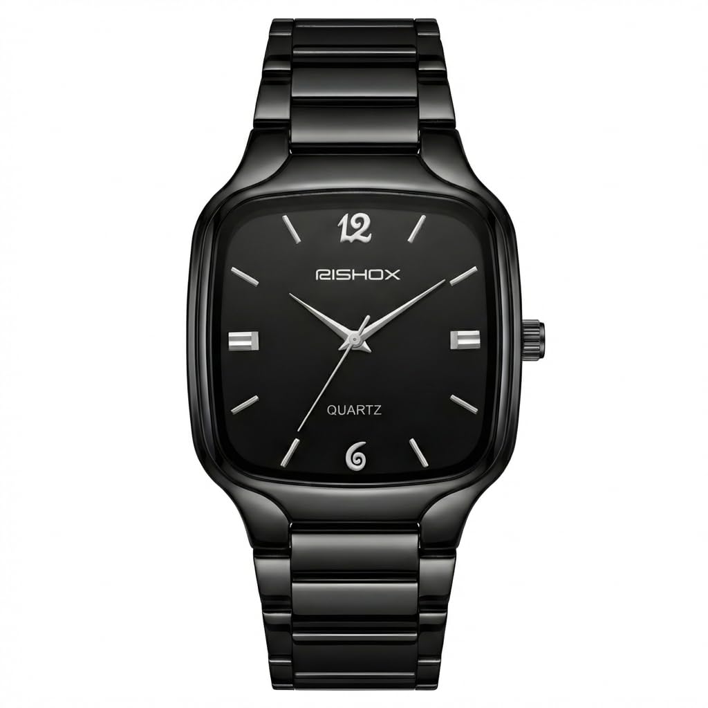 Men’s Analog Watch | Black Dial Square Stainless Steel Strap | Slim Quartz Wrist Watch for Men & Boys | Stylish Formal Casual Water Resistant Watch-image-36