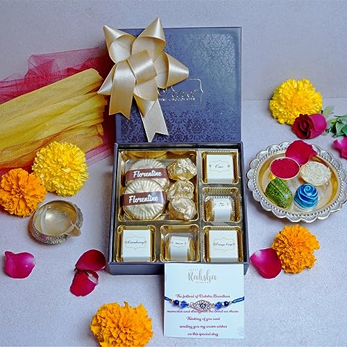 Image of Rakhi Gift Hamper with Festive Confections Box for Brother | Rakhi Hamper with Assorted Chocolates and Rakhi with a Greeting card