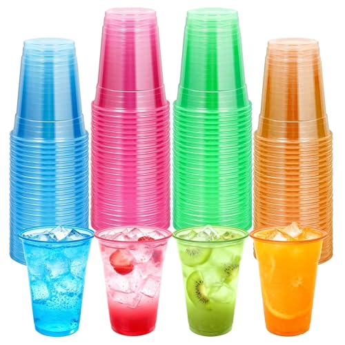 50 PCS 12oz Plastic Cups Neon Glowing Party Decorations Disposable Drinking Cups for Birthday Carnivals Glow Themed Party Supplies(Neon)