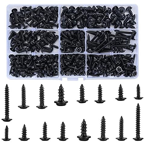350 Pcs Self Tapping Wood Screws, M3 M3.5 M4 M8 Carbon Steel Cross Pan Round Head Screws, Black Self Drilling Countersunk Head Machine Fastener Screws Assortment Kit - 10mm/12mm/16mm/25mm Cover