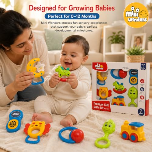 Image of Mini Wonders Baby Rattle Set of 7 | Newborn Rattle Gift Set for Boys & Girls | Safe & Colorful Infant Toys for Early Learning & Sensory Play | Ideal Gift Pack for 0-12 Months Babies