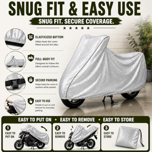 Image of Pivalo 100% Waterproof (Tested) Bike Body Cover for All Sports Bikes & Upto RE 350 Size | Multi-Layer Dustproof & UV Protected | All Weather Protection Two Wheeler Motorcycle Cover (XL, Silver)