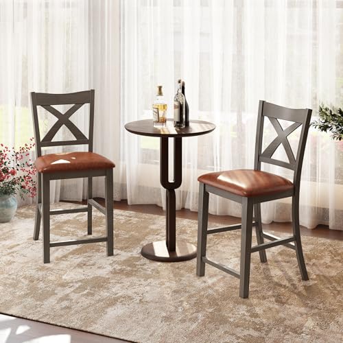 Giantex-24-Bar-Stools-Set-of-2-Counter-Height-Bar-Stools-with-Cross-Back-Faux-Leather-Upholstered-Seat-Farmhouse-Wood-Kitchen-Island-Barstools-for-Home-Bar-Dining-Room-Gray-Brown Giantex 24 Bar Stools Set of 2 Counter Height Bar Stools with Cross Back Faux Leather Upholstered Seat Farmhouse Wood Kitchen Island Barstools for Home Bar Dining Room Gray Brown