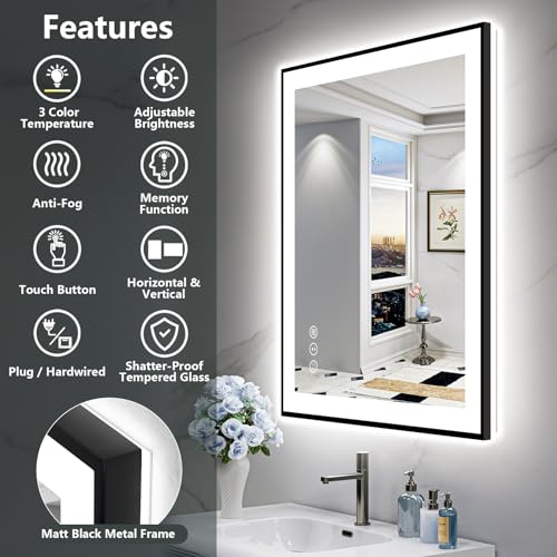 Image of 32x36 Black LED Bathroom Mirror Backlit & Front Lit Lighted Mirror | Anti-Fog Vanity Mirror with Lights, 3 Color Dimmable, Memory, Shatter-Proof, Tempered Glass, CRI95, UL Listed, Wall Mounted