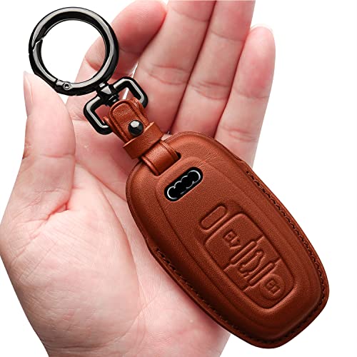 Image of Tukellen Compatible with Audi Key Fob Cover Genuine Leather with Keychain,Leather Key Case Key Shell Compatible with Audi R8 Q5 Q7 S3 S4 S5 S6 S7 S8 SQ5 RS5 RS7 A4 A5 A6 A7 A8 Keyless Entry-Brown