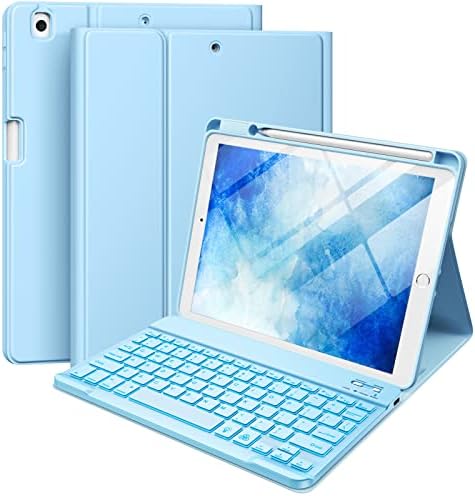 Hamile iPad 9th/8th/7th Generation Case with Keyboard 10.2 Inch - 7 Colors Backlit Wireless Detachable Folio Keyboard Cover with Pencil Holder for iPad Pro 10.5" / iPad Air 3rd Gen (Sky Blue)
