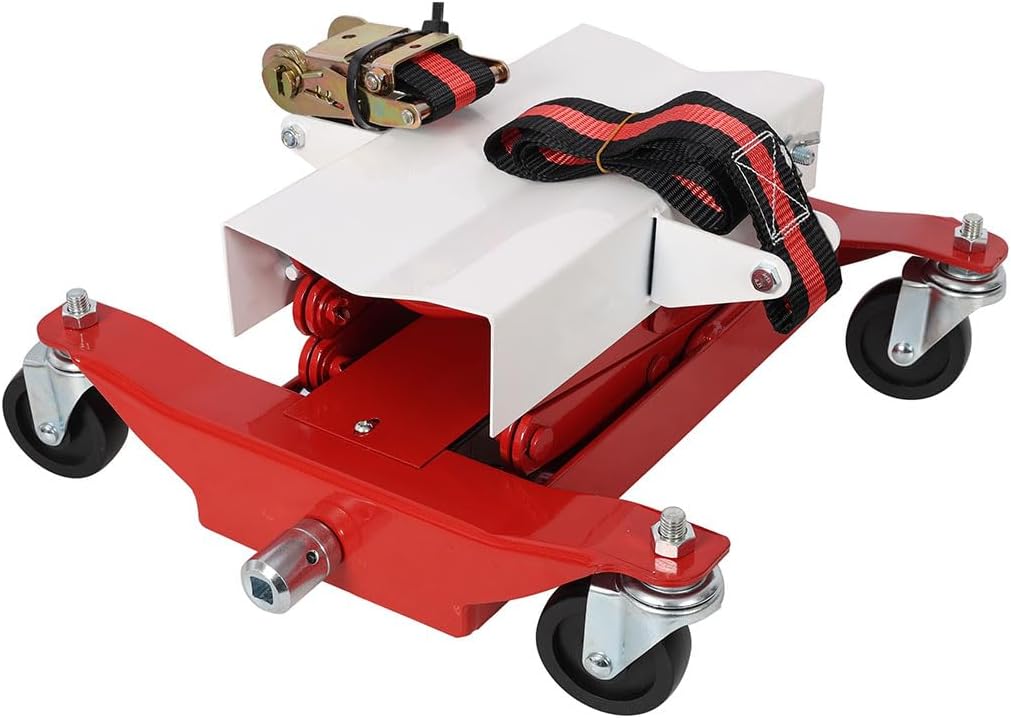 Transmission Jack, 450 Lbs Capacity Low Lift Transmission Jack with Nylon Safety Strap, 2-Stage Jack Stand with Foot Pedal, 360 Swivel Wheel, for Transmissions & Gas Tanks on Smaller Vehicles