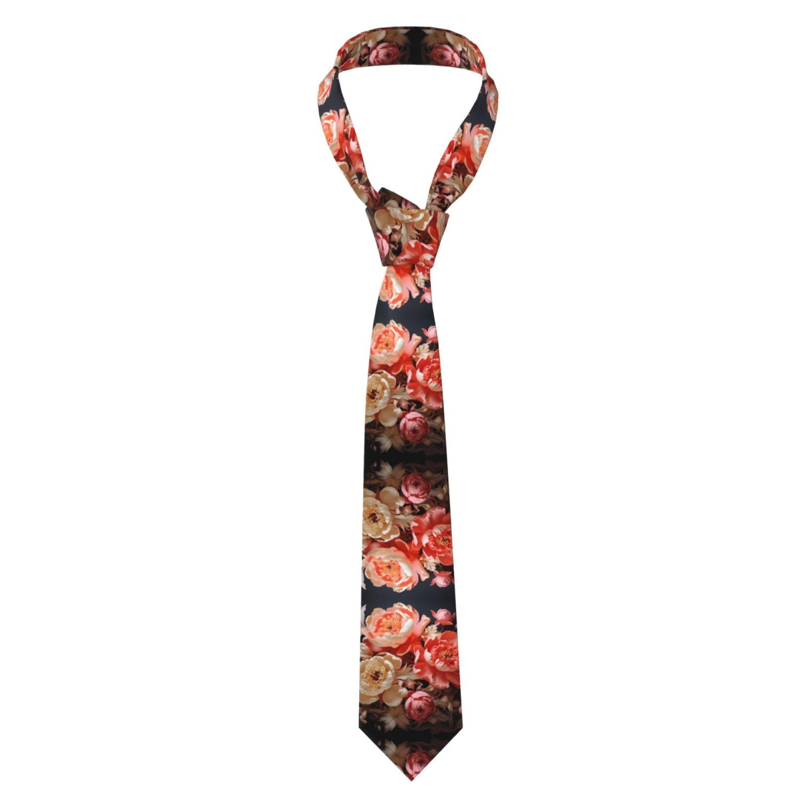 Qazwzml Men's Black Brightly Colored Peonies Printed Tie Business Formal Tie Anti-Slip Buckle Design Suitable For Weddings And Banquets