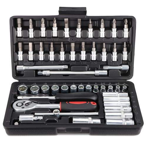 Faankiton 53PCS Coffret de Douilles, Coffret de Embouts, Jeu Coffret Douille Clé à Cliquet de Dégagement, Coffret de Douilles et Embouts Clés à Cliquet 1/4