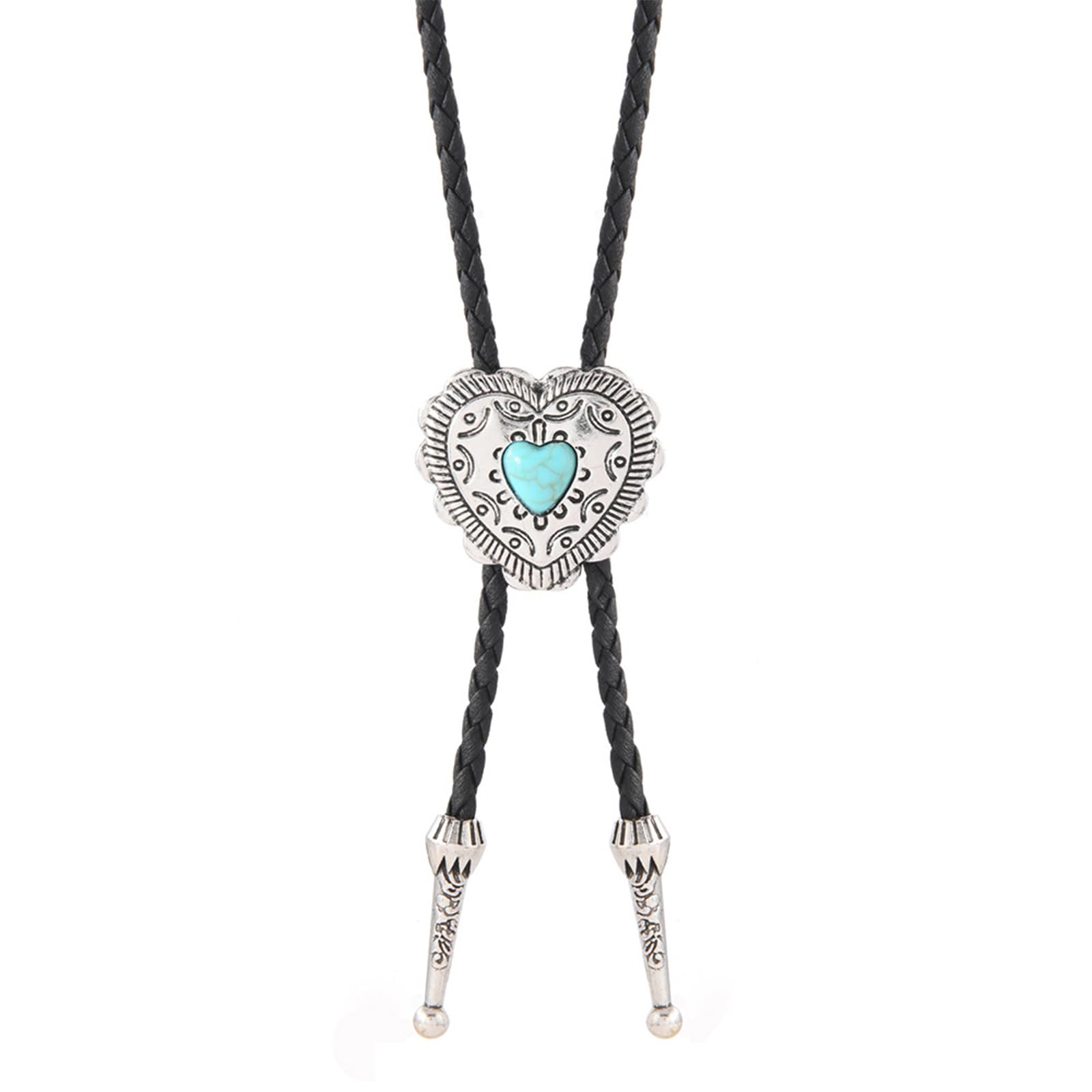 Limtula Unisex Ancient Silver Braided Shoestring Lariat Tie With Engraving Stone Charm Decent Necktie Necklace Country Trend Vintage Carved Stone Pendant Lariat Necktie Western Decent Braided Tie For Casual Shirts