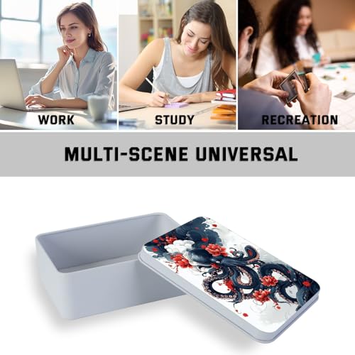 Image of Metal Tin Box with Lid,Multi-functional Storage Large Box Can Store Tea Biscuits Game Cards, Playing & Tarot Cards-Comes with 4 Magnetic Cord Clips,Octopus and Red Flower