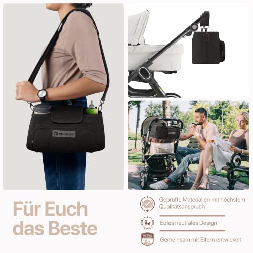 elb finesse ® Premium Kinderwagen Organizer I Wasserabweisender Buggy Organizer inkl. Schultergurt I Kinderwagen Taschen I Kinderwagen Zubehör I Getränkehalter Kinderwagen (Schwarz)
