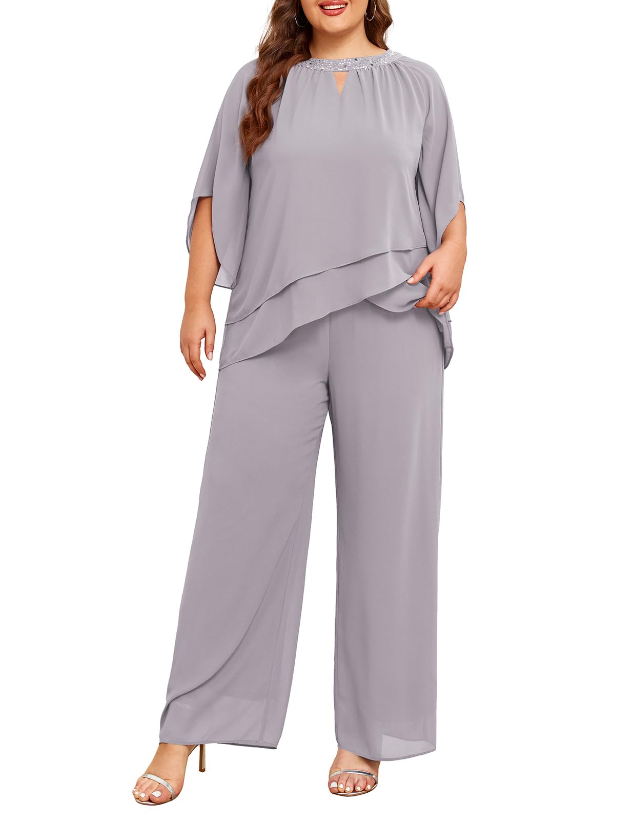 Pantalon Grande Taille Pour Mère De La Mariée - Ensemble 2 Pièces En Mousseline, Manches Cape, Pour Occasions Spéciales - 6