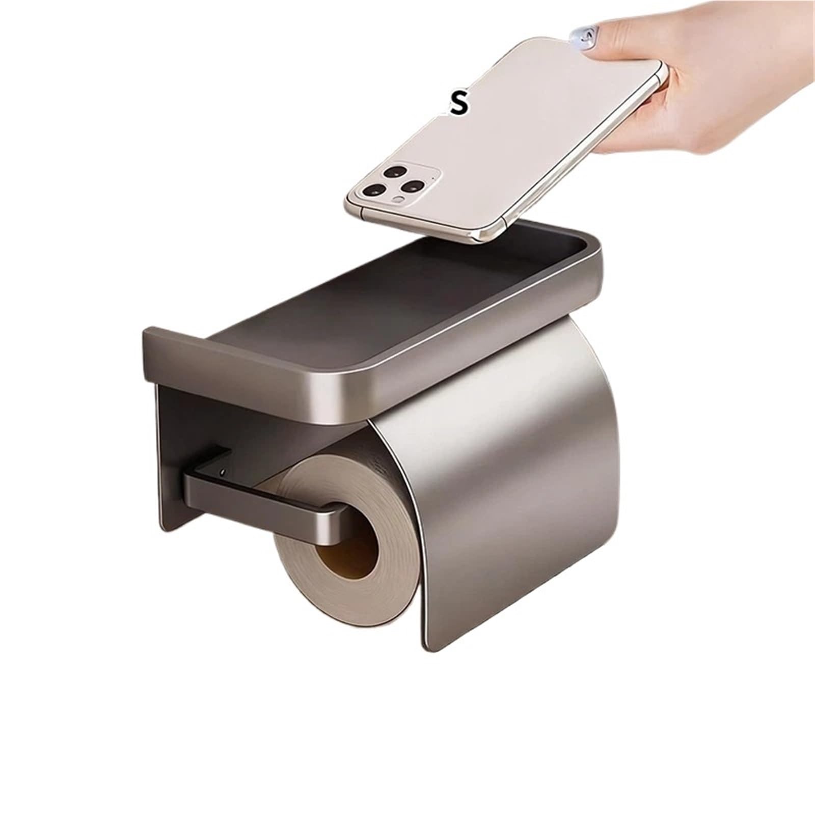 Portarotolo WC adesivo con mensola Porta carta igienica senza foratura | Ripiano portaoggetti for dispenser di fazzoletti for carta in rotolo for bagno(JS A silvery rack)