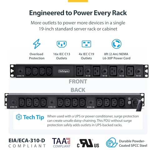 StarTech.com 2030B8H-RACK-PDU-IC PDU de montaje en rack 1U con 20 tomas, C13 y C19, 30A 240V, TAA miniatura 3