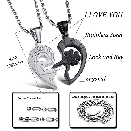 Couples Necklace Lock Key Heart Pendant For Him And Her Set Aesthetic Crystal Engraved I Love You Matching Lock And Key Heart Necklace For Couples Boyfriend And Girlfriend Valentine's Day Gift #TOP2