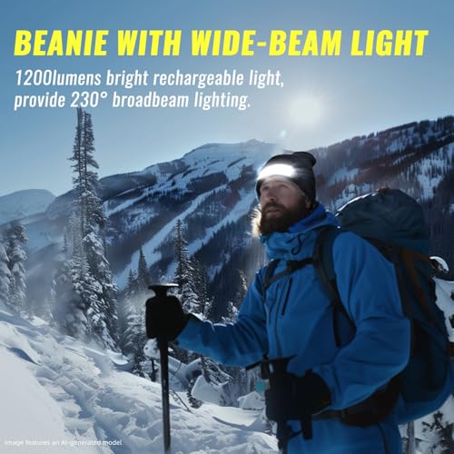 Image of Easymaxx 2 Pack Rechargeable Headlamp Beanie, 1200LM Winter Hat with Light | Wide beam, 6 modes, red rear light, 4-10 hr runtime, washable acrylic blend for dog walking and outdoor work, gifts for men