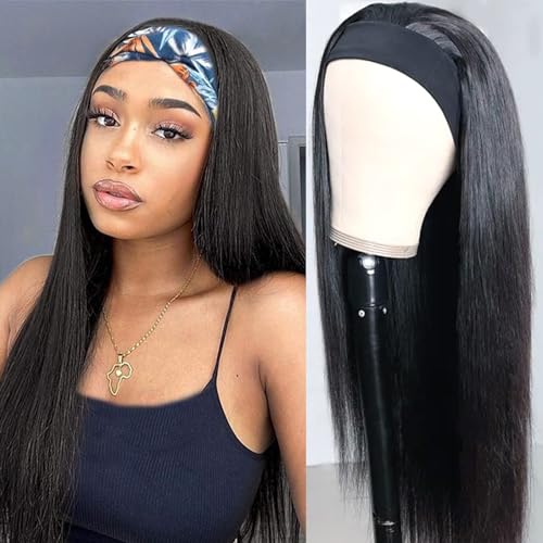 RUISIMEI Glueless Headband Wig Synthetic Long Black Straight Headband Wigs for Black Women Natural Looking Wavy Wig Heat Resistant 180% Density(Straight)