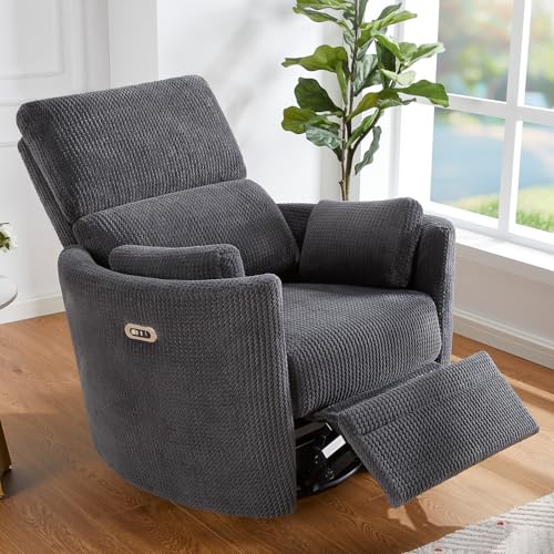 Image of Jocisland Power Recliner Nursery Chair for Adults, Swivel Rocking Glider with 4 Massage Points, USB & Type-C Charge, 2 Pillows, Barrel Armchair Single Sofa for Living Room Bedroom, Grey