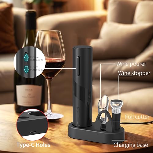 Image of PEIPU Electric Wine Opener Set, Rechargeable 6-in-1 Wine Gifts for Wine Lovers with Charging Base, Foil Cutter, Wine Aerator Pourer & Vacuum Stoppers (Light Black)