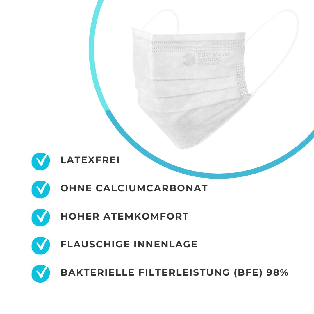 CURT MARIA MEDICAL 50 Stück Medizinische Gesichtsmasken made in Germany Mundschutz 3-lagig mit Ohrenschlaufen zum Einmalgebrauch weiß