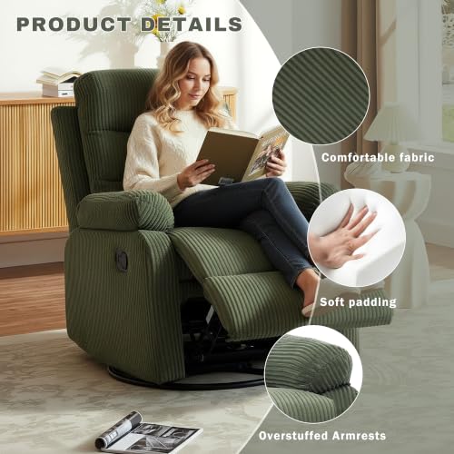 Image of Rocking Recliner Chair,Modern Swivel Glider Recliner Chair,Corduroy Fabric Upholstery Recliner,Manual Reclining Sofa Chair for Living Room,Office,Apartment (Green)