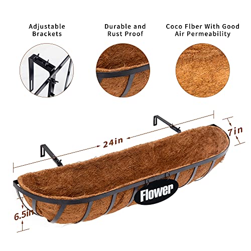 Lawyamai 4Pcs 24" Window Box Deck Railing Planter With Coco Liner, Metal Hanging Flower Planter Window Basket, Wall Planters Boxes With Horse Trough Coco Liner For Outdoor Indoor Balcony Porch Fence #TOP3
