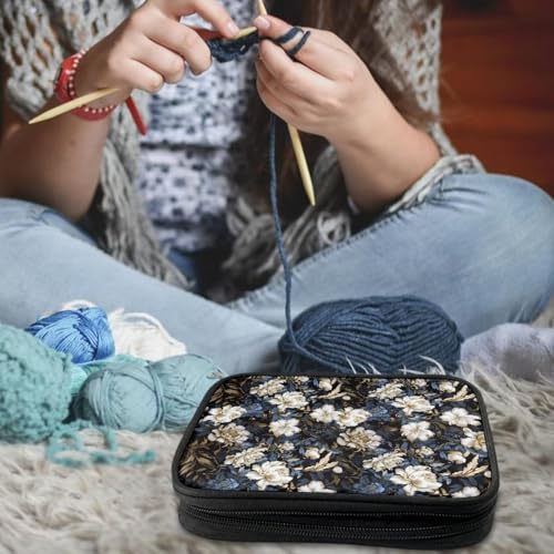 Image of Crochet Hook Case Vintage Floral Crochet Hook Holder Portable Crochet Hook Storage Bag with Web Pockets Suitable for Crochet Needles /Knitting Accessories