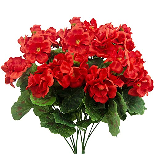 FERIAL 2 Pcs Artificial Red Geranium Bush Faux Flowers Geraniums Silk Flowers Outdoor Plant Bush Red Geraniums for Floral Home Decor Indoor Garden Patio Grave Cemetary Vase Table Centerpiece…