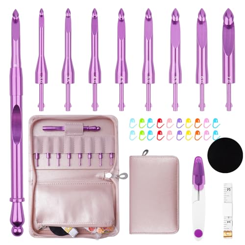 BsHooker Interchangeable Crochet Hooks Set with Case Inline Crochet Hooks Size from 3mm-8mm Ergonomic Handle Crochet Needles Set with Case for Beginners