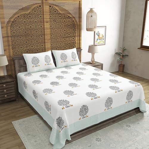 Image of BLOCKS OF INDIA Hand Block Printed 300 TC Cotton Super King Size Bedsheet(106 x 106) (Life Green)