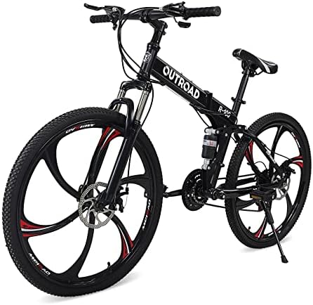 PanAme 26 Inch Mountain Bike, Folding Bicycle with 21 Speed Shimano Shifter, Dual Disc Brake, Full Suspension 6-Spoke High Carbon Steel Frame for Men Woman Teen, Black
