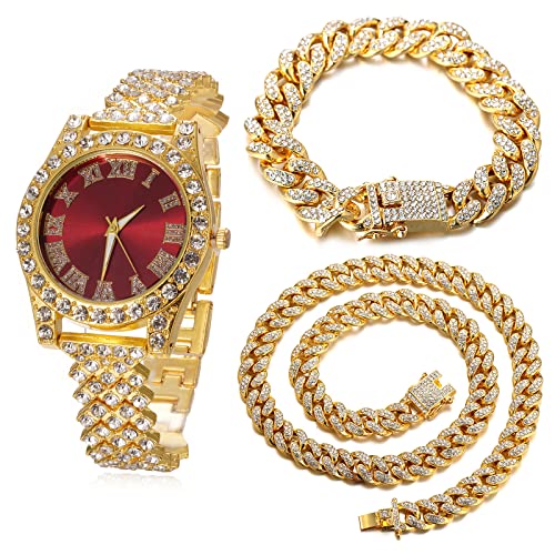 Image of Halukakah Diamonds Gold Watch Iced Out, Kid's 18K Real Gold /Platinum White Gold Plated 36MM Width Green /Blue /Red Dial Quartz Wristband 8 inch with Cuban Link Chain 7 inch+16 inch Bracelet, Free Giftbox