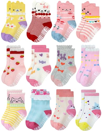 Image of RATIVE Non Skid Anti Slip Cotton Dress Crew Socks With Grips For Baby Infant Toddler Kids Girls