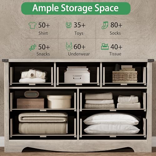 Image of Dresser for Bedroom with 7 Drawers, 58 inch Wide Wood Chest of Drawers with Deep Drawers & Mental Handle, Modern Dresser TV Stand, Wooden Closet Storage Organizer for Living Room, Hallway, Entryway, Grey