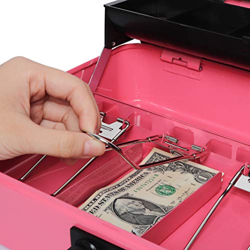 Metal Cantilever Cash Box with Key Lock, Decaller Large Lock Money Box - 5 Compartments with Cover & 4 Spring-Loaded Clips for Bills, Pink, 11 4/5\" x 9 2/5\" x 3 1/2\"