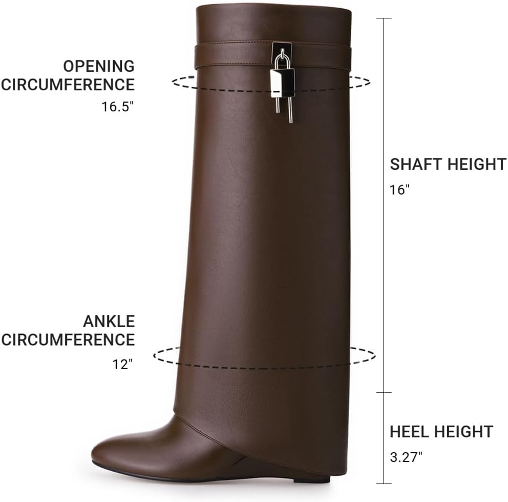 GORBINETI Women’s Knee High Wedge Boots, Fold Over Shark Boots Pointed Toe Chunky Heel Tall Boots for Fall Winter
