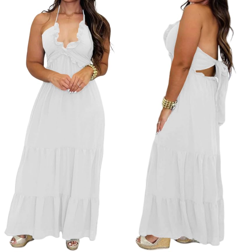 Image of TOPSRANI Womens Sleeveless Maxi Dress Halter Casual Backless Smocked Tiered Ruffle Flowy Sexy Slip Sling Strap Dresses