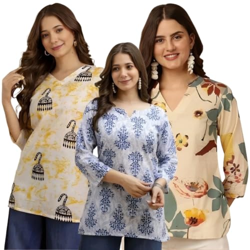 Image of Women's Printed Short Kurti Tops Rayon Cotton Blend Tunic Combo